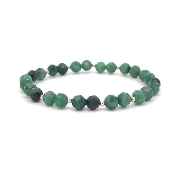 Emerald Micro Faceted Gemstone Beaded Stretch Bracelet 14K Gold Accent Beads - Picture 3 of 8